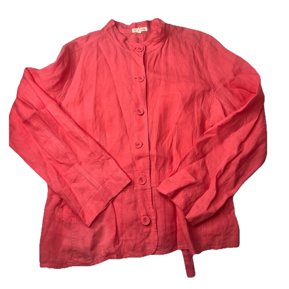 Eileen Fisher Jacket Womens Sz XL Pink Irish Linen Buttons Cinch Tie Waist *Read